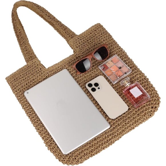 Women's A Brown Large Straw Beach Bag Handmade Woven Shoulder Hobo Tote Handbag - Picture 3 of 6